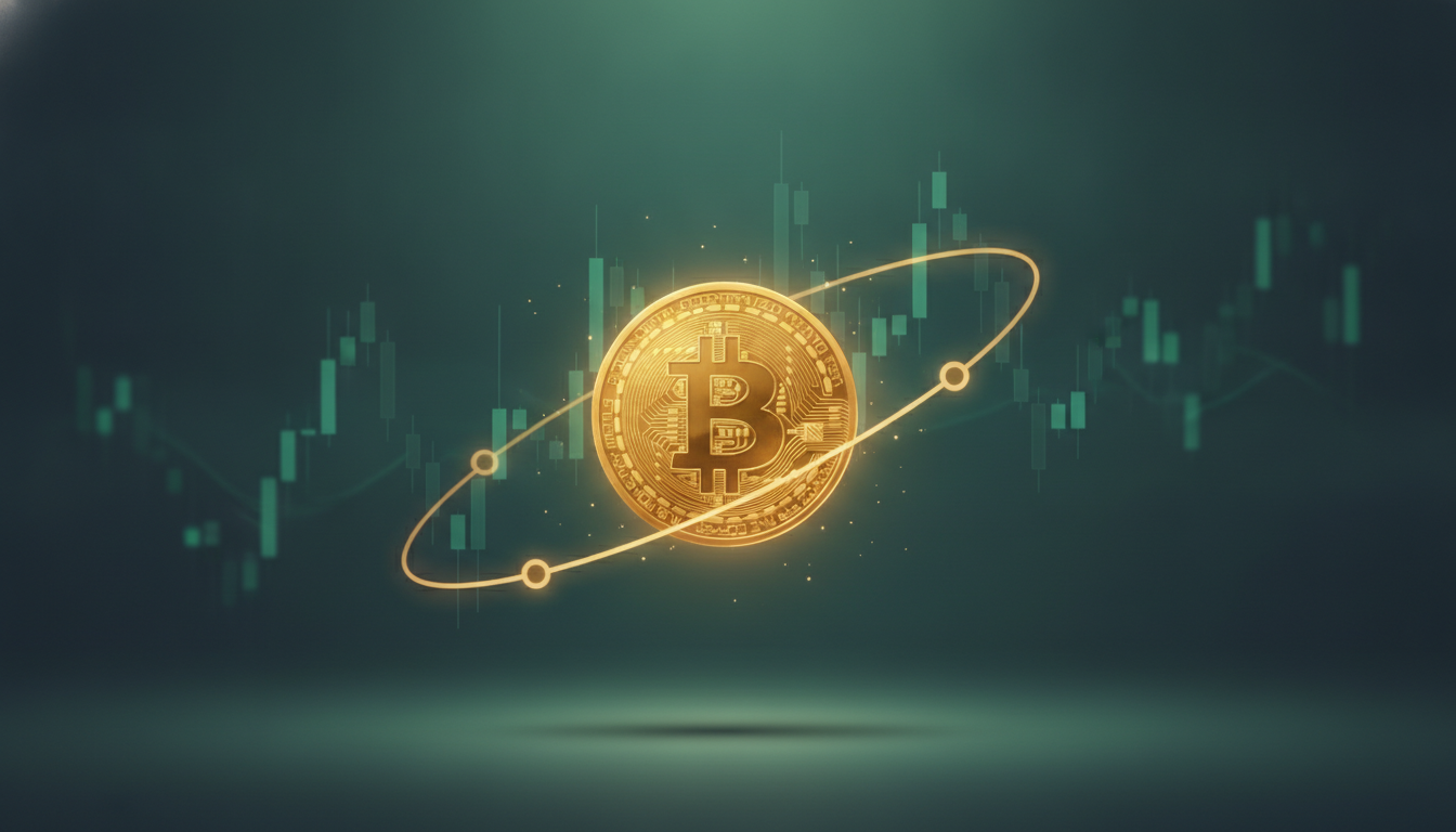 Golden Bitcoin coin with a four-year halving-cycle orbit over a green candlestick chart