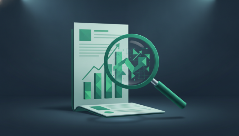 Quarterly earnings report with rising bar charts and a magnifying glass