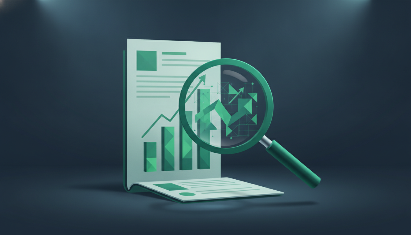 Quarterly earnings report with rising bar charts and a magnifying glass