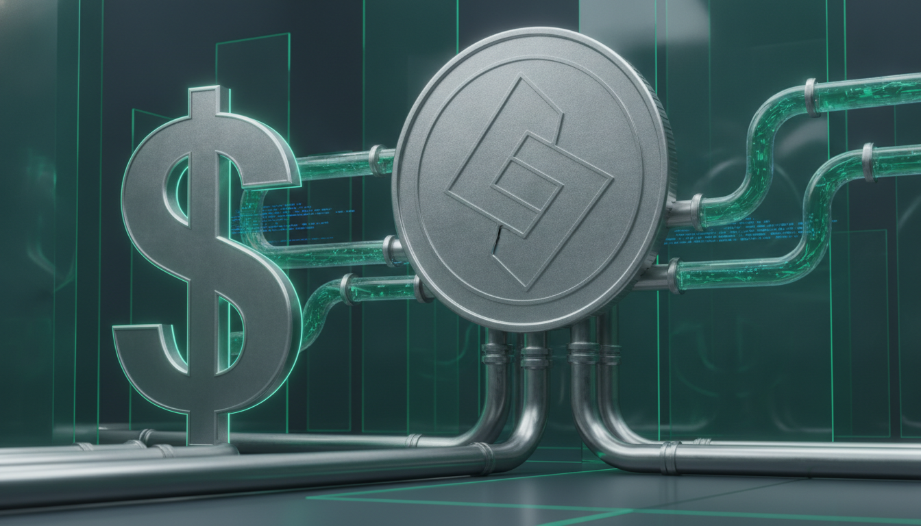 Silver stablecoin connected to pipes and a US dollar symbol