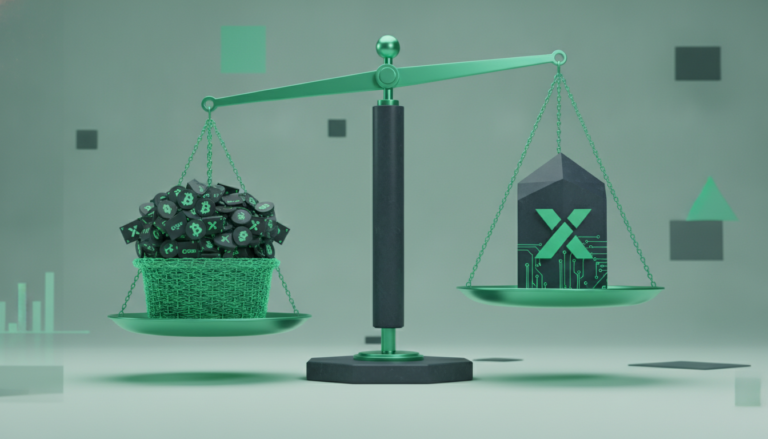 A balance scale weighing a basket of assets against a single stock