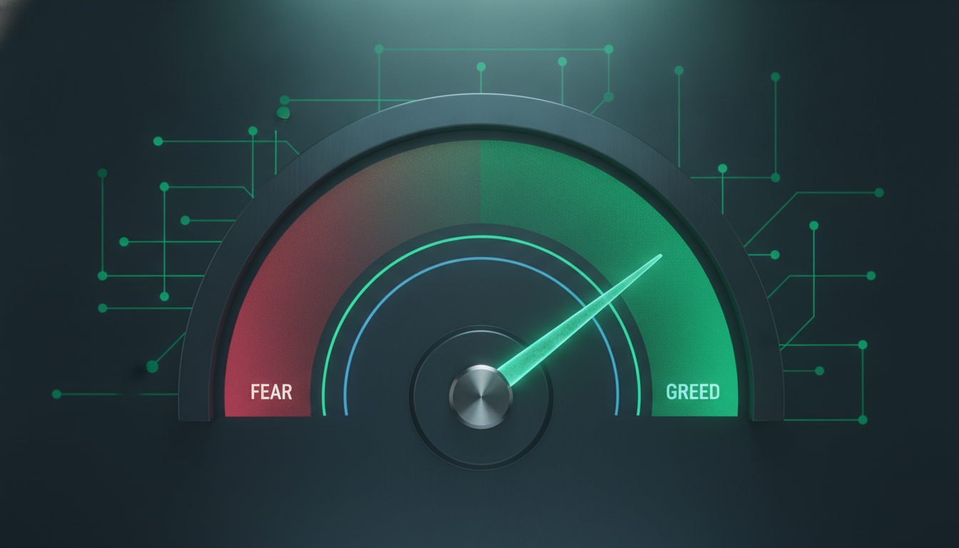 Market-sentiment gauge with a needle between fear and greed