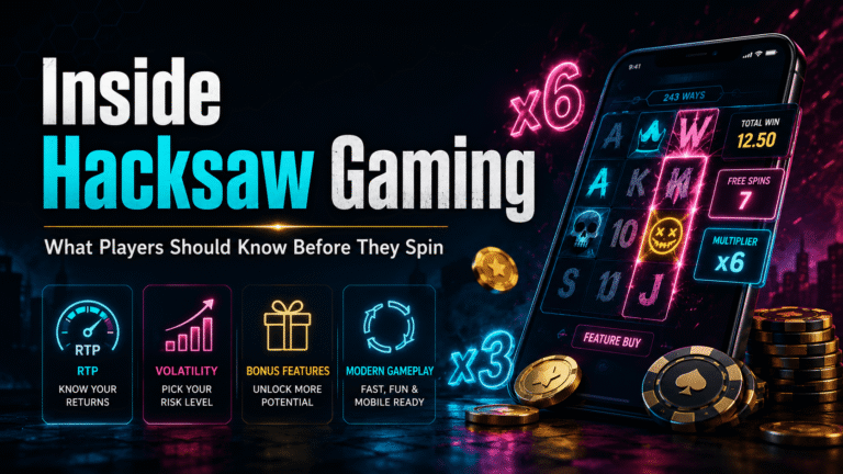 Hacksaw Gaming slot interface on a smartphone showing an x6 multiplier, free spins and bonus features — illustration for the article Inside Hacksaw Gaming: What Players Should Know Before They Spin