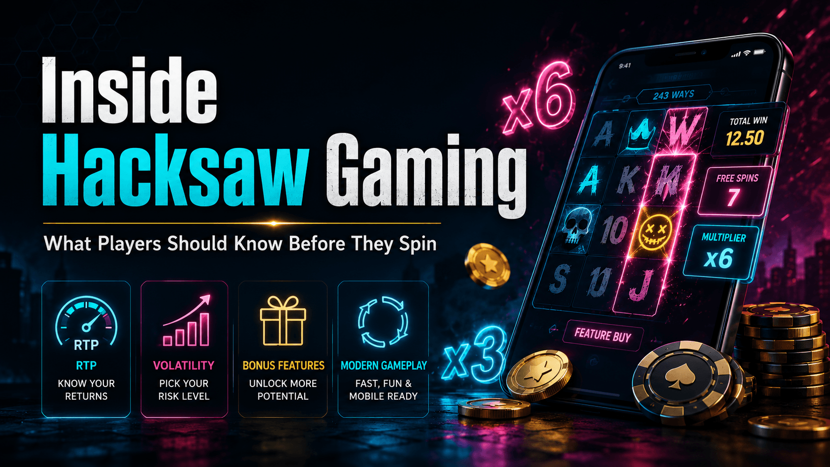 Hacksaw Gaming slot interface on a smartphone showing an x6 multiplier, free spins and bonus features — illustration for the article Inside Hacksaw Gaming: What Players Should Know Before They Spin